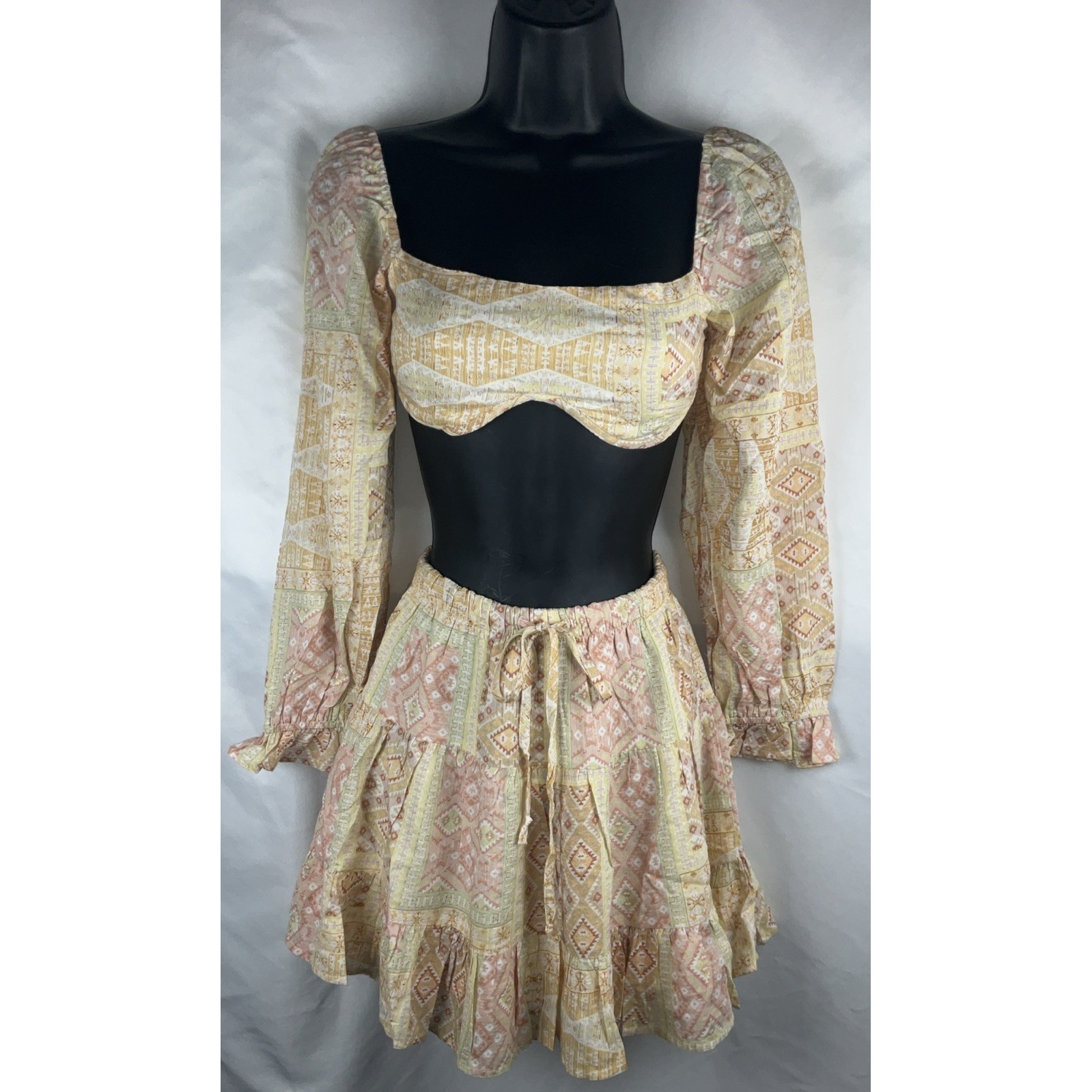 Sky To Moon Women's Size S 2 Piece Skirt Set Aztec Design Ls Adjustable Waist